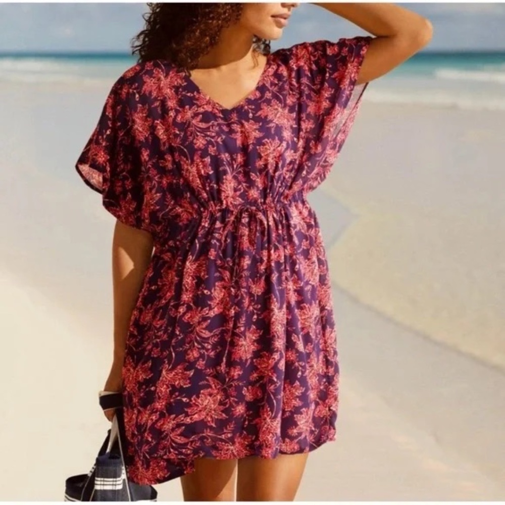 Lands End Floral Cover Up Dress Modal V Neck Drawstring Swim Purple M L